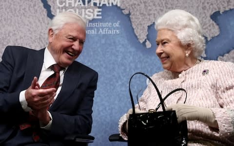 David Attenborough sits next to Britain's Queen Elizabeth during the annual Chatham House award in London on Wednesday  - Credit: Simon Dawson&nbsp;/Reuters