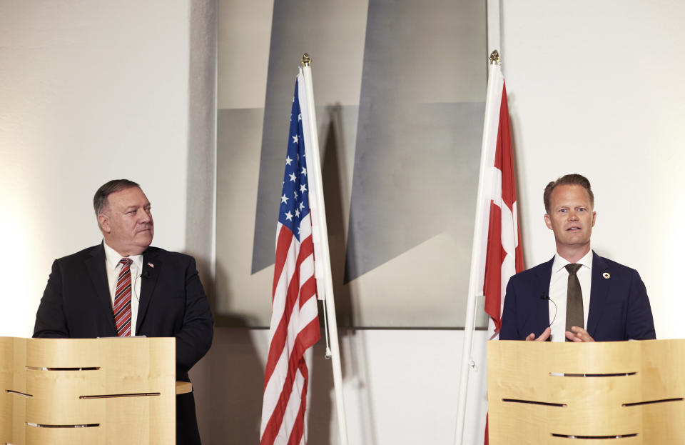 Danish Foreign Minister Jeppe Kofod, right and US Secretary of State Mike Pompeo give a joint press conference in Copenhagen, Denmark, Wednesday, July 22, 2020. Pompeo arrived in Denmark on Wednesday for meetings with the country's leaders that are likely to address the construction of a disputed gas pipeline which Washington opposes. (Thibault Savary/Pool Photo via AP)