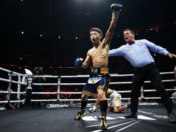 Naoya Inoue celebrates after beating Emmanuel Rodriguez (EPA)