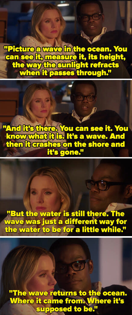 Chidi tells Eleanor to picture a wave, saying you can see it and know what it is, then it crashes on the shore and is gone, but the water is still there. The wave has returned to the ocean, where it's supposed to be