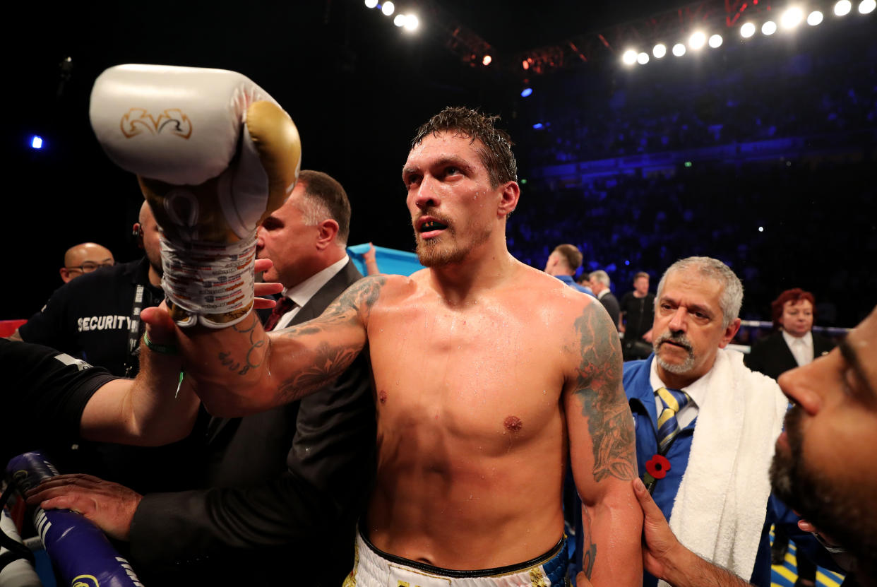 MANCHESTER, ENGLAND - NOVEMBER 10:  Oleksandr Usyk of Ukraine celebrates victory over Tony Bellew of England after the WBC, WBA, WBO, IBF & Ring Magazine World Cruiserweight Title Fight between Oleksandr Usyk and Tony Bellew at Manchester Arena on November 10, 2018 in Manchester, England.  (Photo by Richard Heathcote/Getty Images)