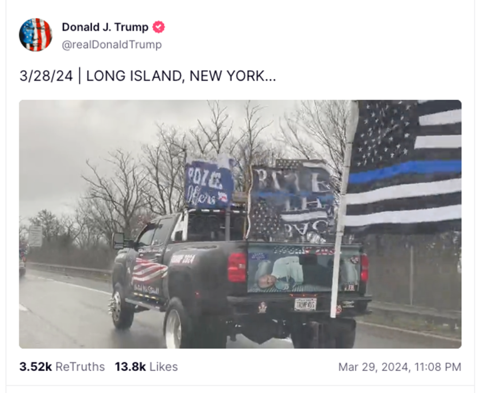 Donald Trump’s post on Truth Social where a video is seen with an image of president Joe Biden hogtied at the back of a Maga truck (Screengrab/Truth Social)