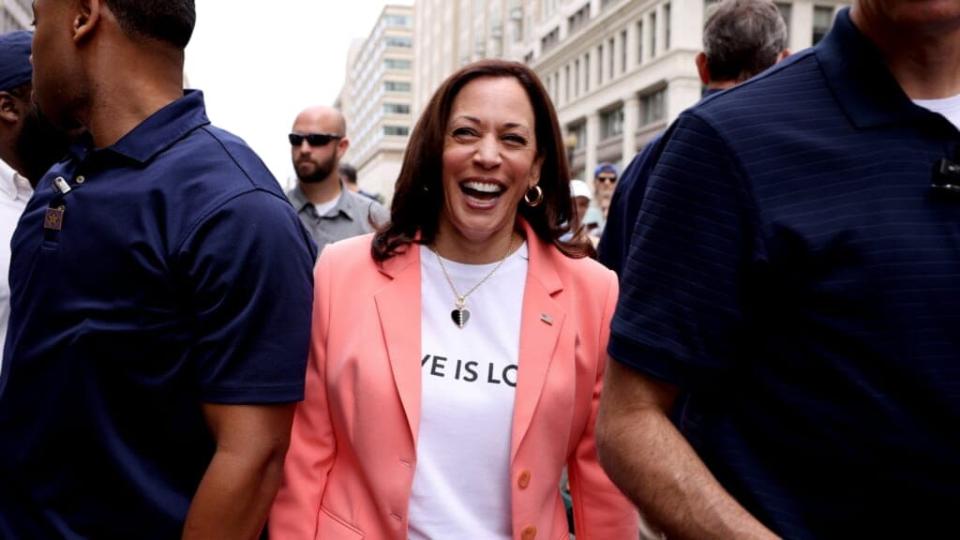 Vice President Kamala Harris joins marchers for the return of Capital Pride Parade Saturday in Washington, D.C., which was canceled last year due to the COVID-19 pandemic. (Photo by Anna Moneymaker/Getty Images)