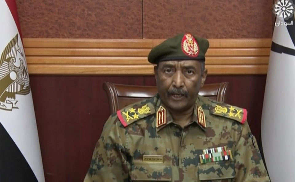 In this frame taken from video, the head of the military, Gen. Abdel-Fattah Burhan, announced in a televised address, that he was dissolving the country's ruling Sovereign Council, as well as the government led by Prime Minister Abdalla Hamdok, in Khartoum, Sudan, Monday, Oct. 25, 2021. Burhan said the military will run the country until elections in 2023. His announcement came hours after his forces arrested the acting prime minister and other senior government officials. (Sudan TV via AP)
