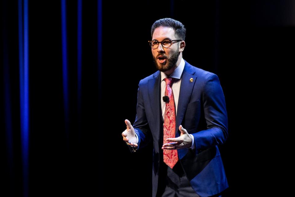 Dearborn Mayor Abdullah Hammoud speaks during the State of the City address at Ford Community and Performing Arts Center on Tuesday, May 23, 2023.