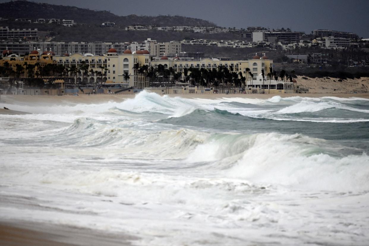 General view of the Medano beach before the arrival of hurricane Hilary at Los Cabos resort in Baja California state, Mexico on August 18, 2023. (AFP via Getty Images)