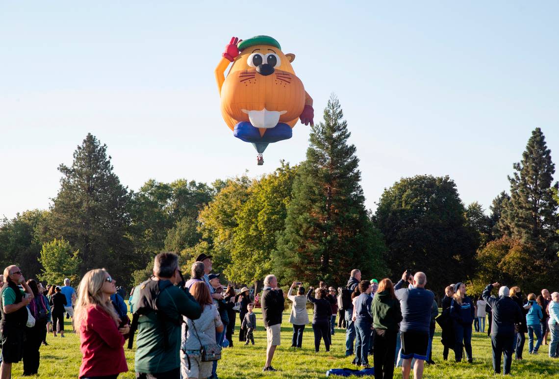 A hot air balloon shaped like a beaver floats over Ann Morrison Park during the Spirit of Boise Balloon Classic on Friday, Sept. 3, 2021