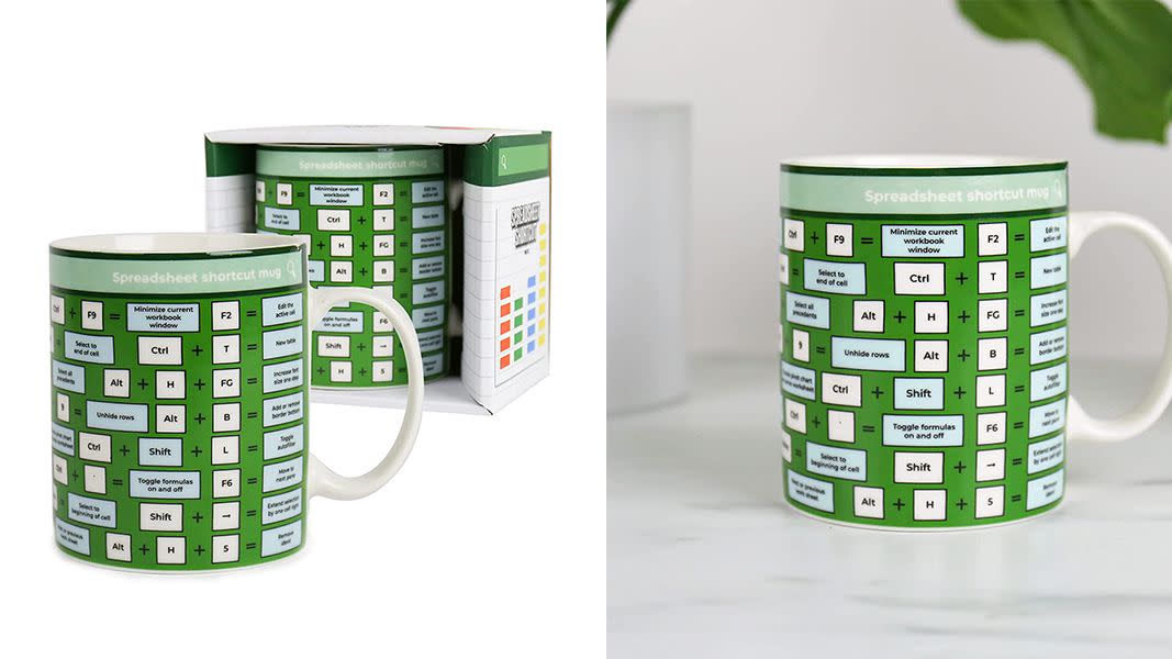green mug with spreadsheet shortcut codes on it
