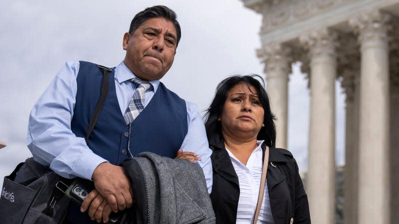 Jose Hernandez and Beatriz Gonzalez, stepfather and mother of Nohemi Gonzalez, who died in a terrorist attack in Paris in 2015, arrive to speak to the press outside of the U.S. Supreme Court following oral arguments in Gonzalez v. Google February 21, 2023 in Washington, DC.