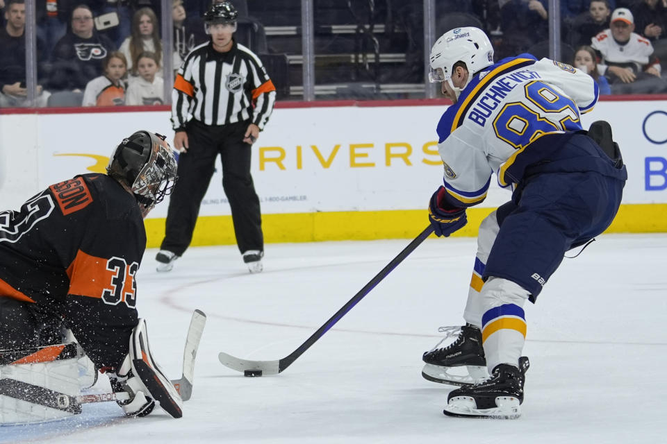 St. Louis Blues' Pavel Buchnevich scores on Philadelphia Flyers goaltender Samuel Ersson during a shootout in an NHL hockey game, Monday, March 4, 2024, in Philadelphia. (AP Photo/Matt Rourke)
