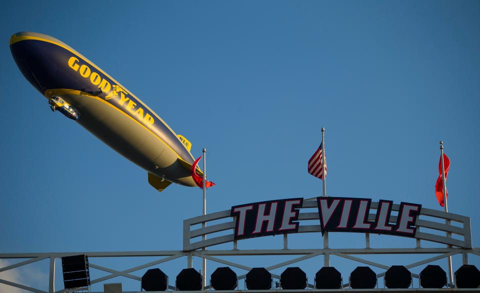 The Goodyear Blimp floats during the Notre Dame at Louisville NCAA football game Monday, Sept. 2, 2019 at Cardinal Stadium in Louisville, Ky. The 10th-ranked Irish visit No. 25 Louisville again Saturday, Oct. 7, 2023. Kickoff is 7:30 p.m.