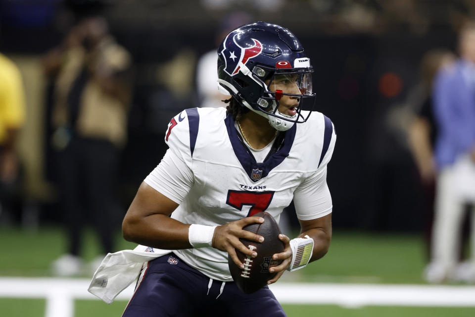 Houston Texans quarterback C.J. Stroud looks to pass in the first half of a preseason NFL football game against the New Orleans Saints, Sunday, Aug. 27, 2023, in New Orleans. (AP Photo/Butch Dill)