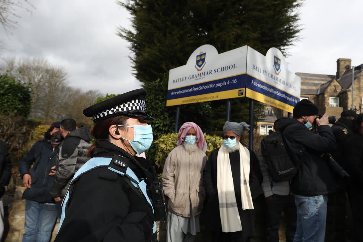 Batley Grammar School protest in 2021 (PA Wire)