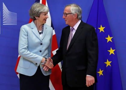 Britain's Prime Minister Theresa May is welcomed by European Commission President Jean-Claude Juncker at the EC headquarters in Brussels, Belgium December 8, 2017.  REUTERS/Yves Herman