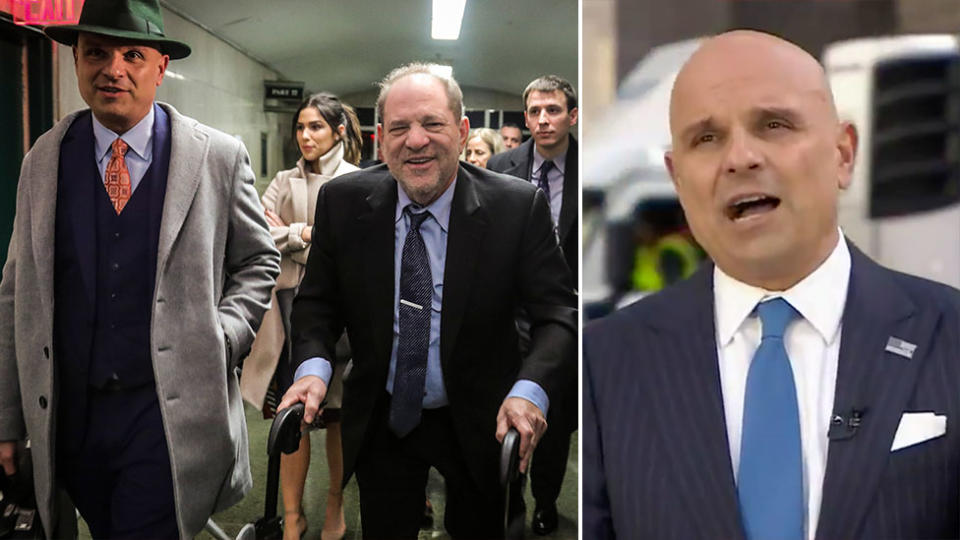 Picture shows Arthur Aidala with his client, convicted rapist Harvey Weinstein on the left; and on the right him speaking on the Today show.