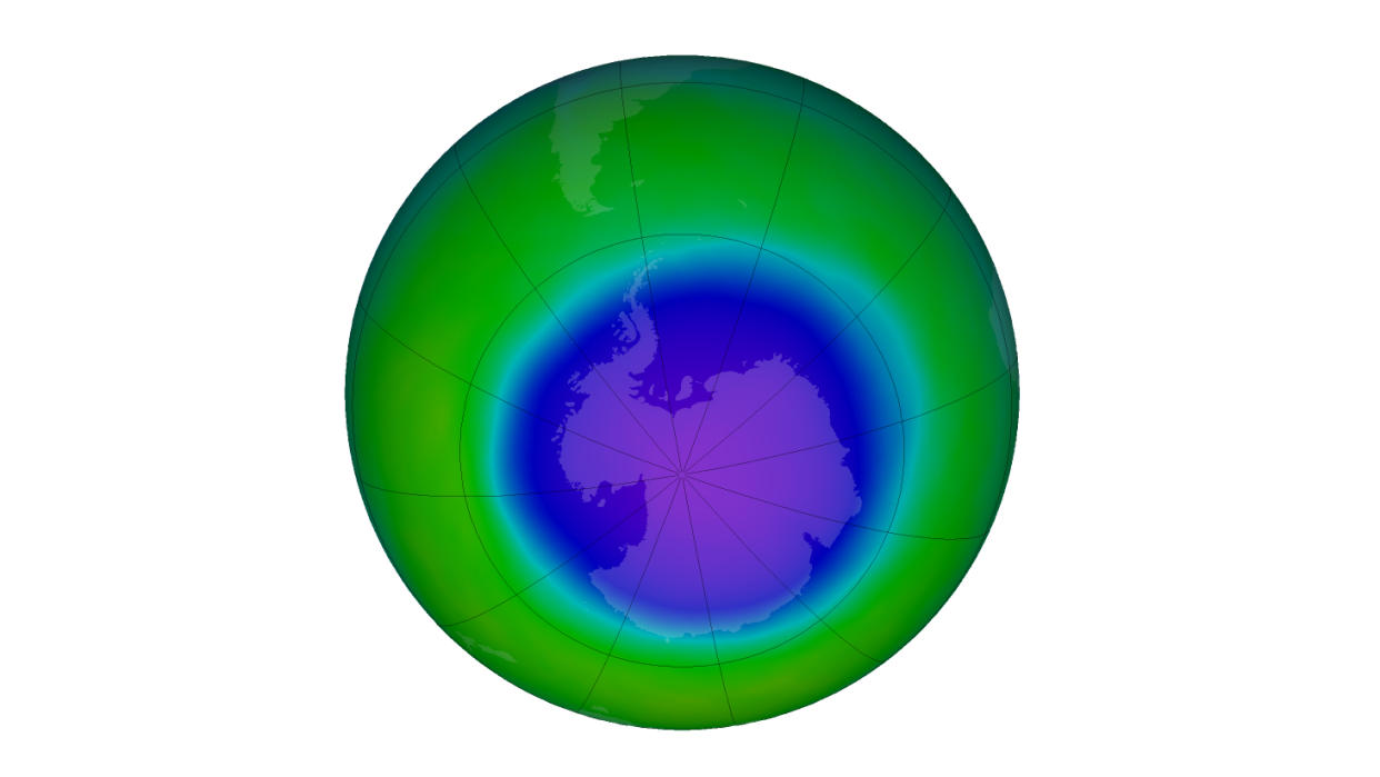  The false-color view of the monthly-averaged total ozone over the Antarctic pole for October 2022. The blue and purple colors are where there is the least ozone. 