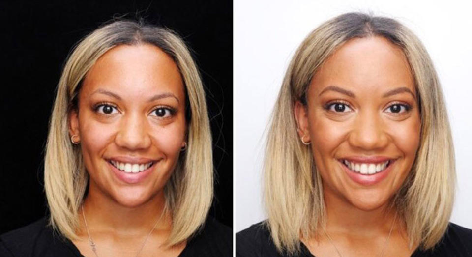 Shopping Writer Jessica Morgan before and after wearing the Charlotte Tilbury foundation in shade 10N [Photo: Yahoo Style UK]