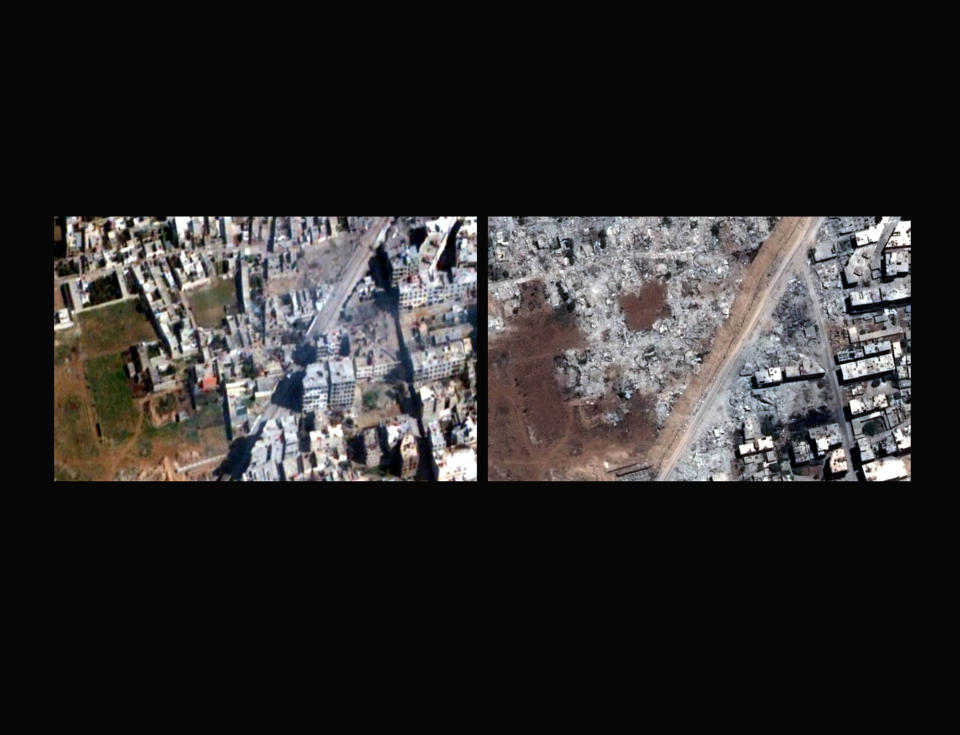 COMBO - This combination of two satellite images released by Human Rights Watch shows dozens of high-rise residential and commercial buildings along the main road between Mezzeh Air Base and Daraya, a Damascus, Syria suburb on Feb. 4, 2013, left, and on July 1, 2013, right. The Syrian government used controlled explosives and bulldozers to raze thousands of residential buildings, in some cases entire neighborhoods, in a campaign that appeared designed to punish civilians sympathetic to the opposition or cause disproportionate harm to them, an international human rights group said Thursday, Jan. 30, 2014. The demolitions took place between July 2012 and July 2013 in seven opposition districts in and around the capital, Damascus, and the central city of Hama, Human Rights Watch said in a new 38-page report. The New York-based group said the deliberate destruction violated international law, and called for an immediate end to the practice.(AP Photo/Human Rights Watch via Digital Globe)