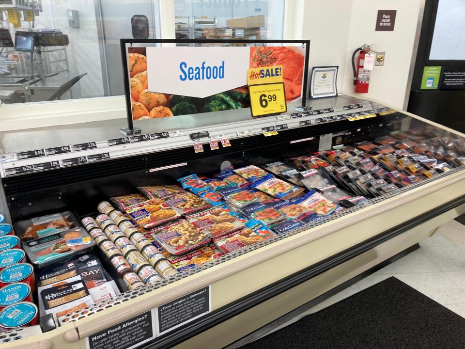 Seafood in a freezer at Food Lion.