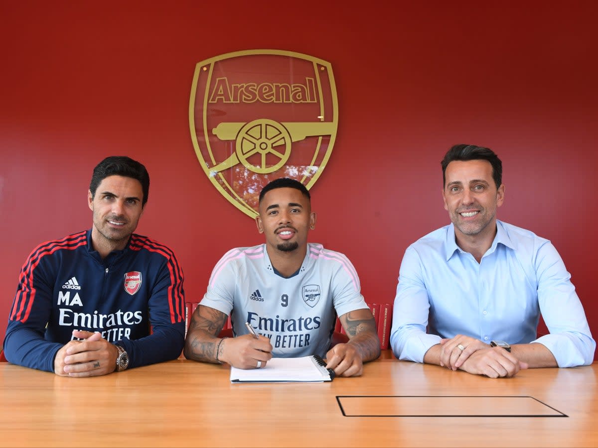 The Brazilian international has joined the Gunners on a five-year contract (Arsenal FC via Getty Images)