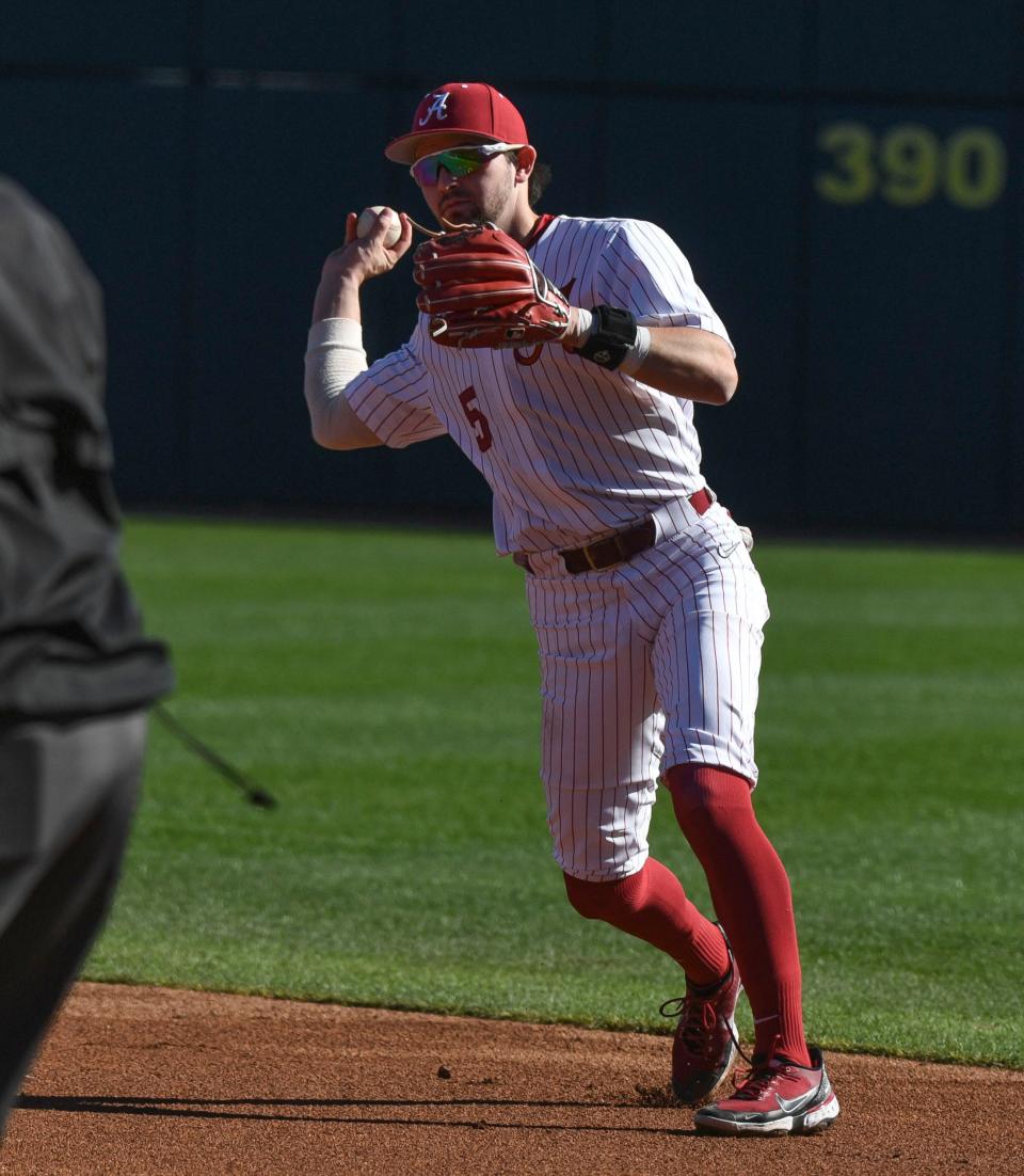 Feb 18, 2023; Bessemer, AL, USA;  Alabama infielder Ed Johnson (5) throws to first to record an out. The Crimson Tide faced Richmond in the season-opening series.