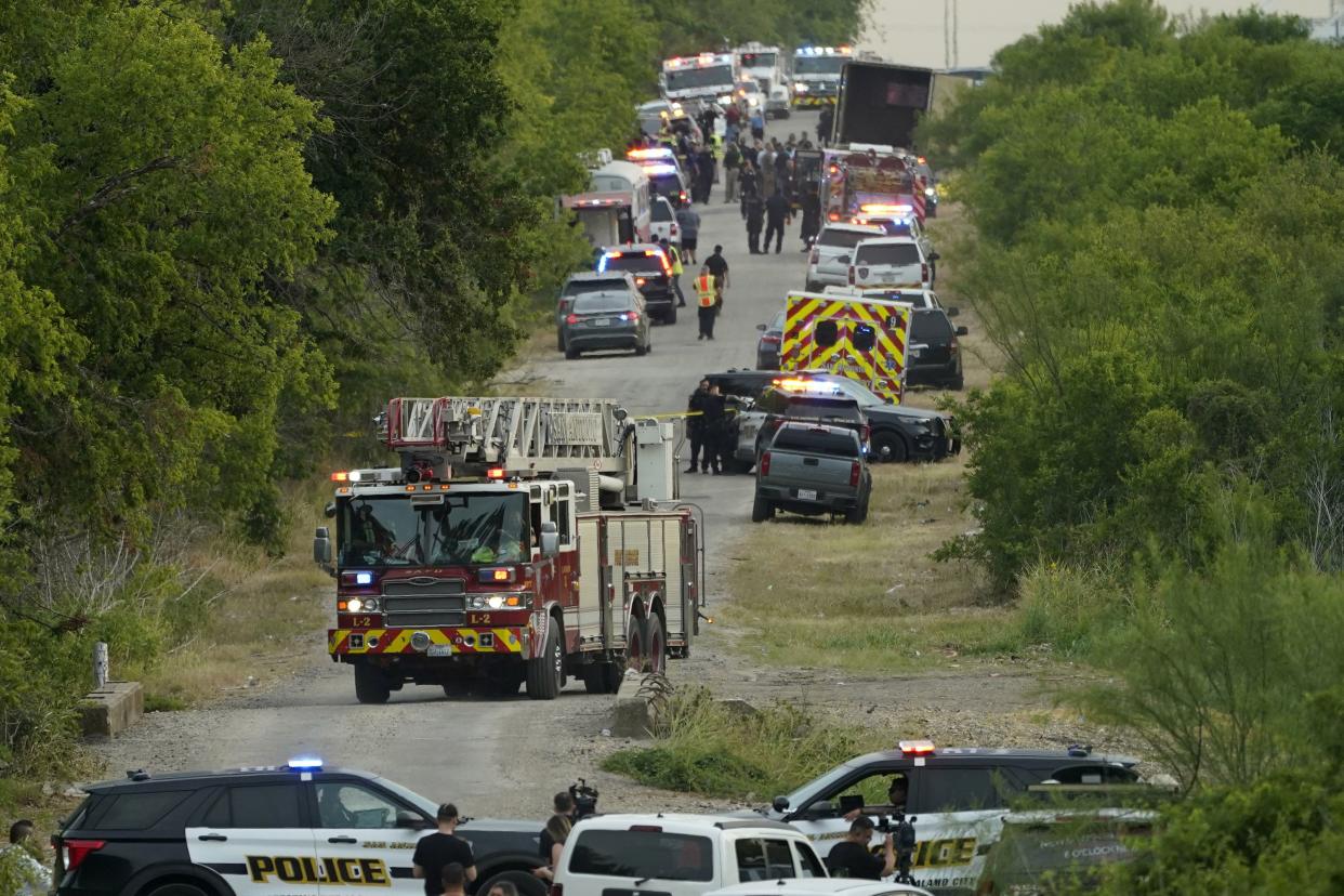 Police block the scene where a semitrailer with multiple dead bodies was discovered on Monday, June 27, 2022, in San Antonio.