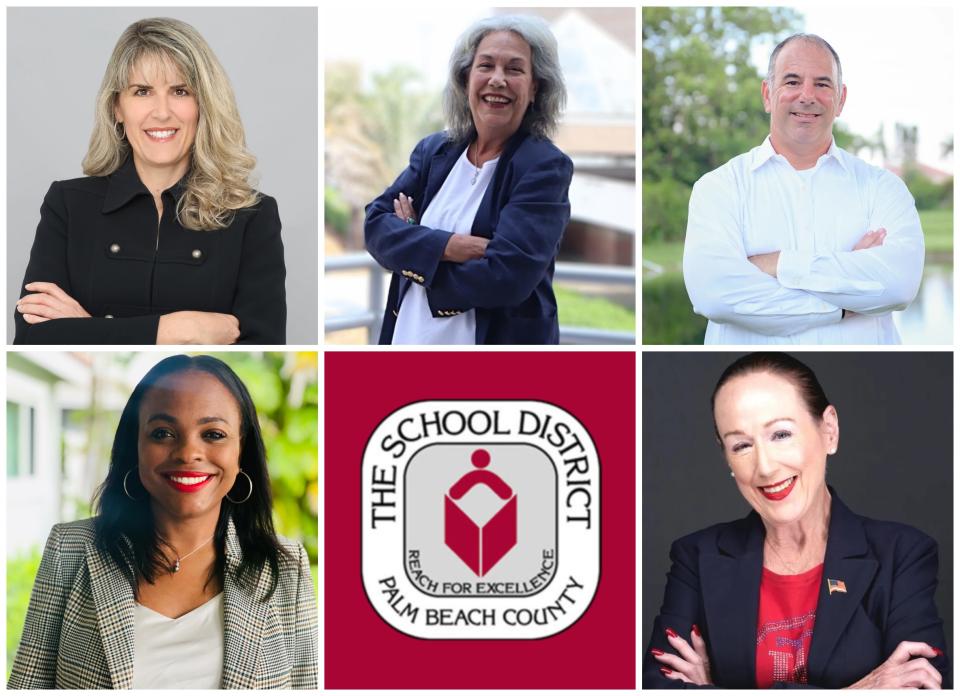 Candidates for Palm Beach County school board representing Boca Raton. From top left, clockwise: Gloria Branch, Mindy Koch, Mike Letsky, Suzanne Page and Charman Postel