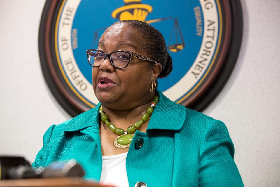 Wayne County Prosecutor Kym Worthy holds a news conference at the Frank Murphy Hall of Justice in Detroit on Wednesday, Sept. 18, 2019.