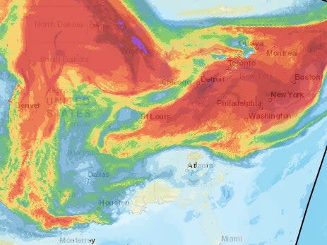 A National Oceanic and Atmospheric Administration map showing vertically integrated smoke originating from wildfires wafting over the central and eastern US.  (National Oceanic and Atmospheric Administration)