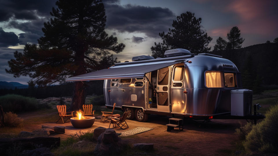 A well lit Airstream RV parked in the outdoors, highlighting the recreational vehicles offered by the company.