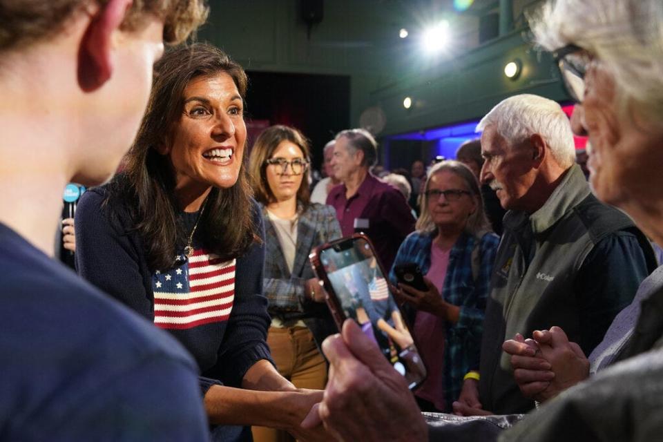 Oct 12, 2023; Exeter, NH, USA; Republican presidential candidate Nikki Haley greets voters during the Seacoast Media Group and USA TODAY Network 2024 Republican Presidential Candidate Town Hall Forum held in the historic Exeter Town Hall in Exeter, New Hampshire.