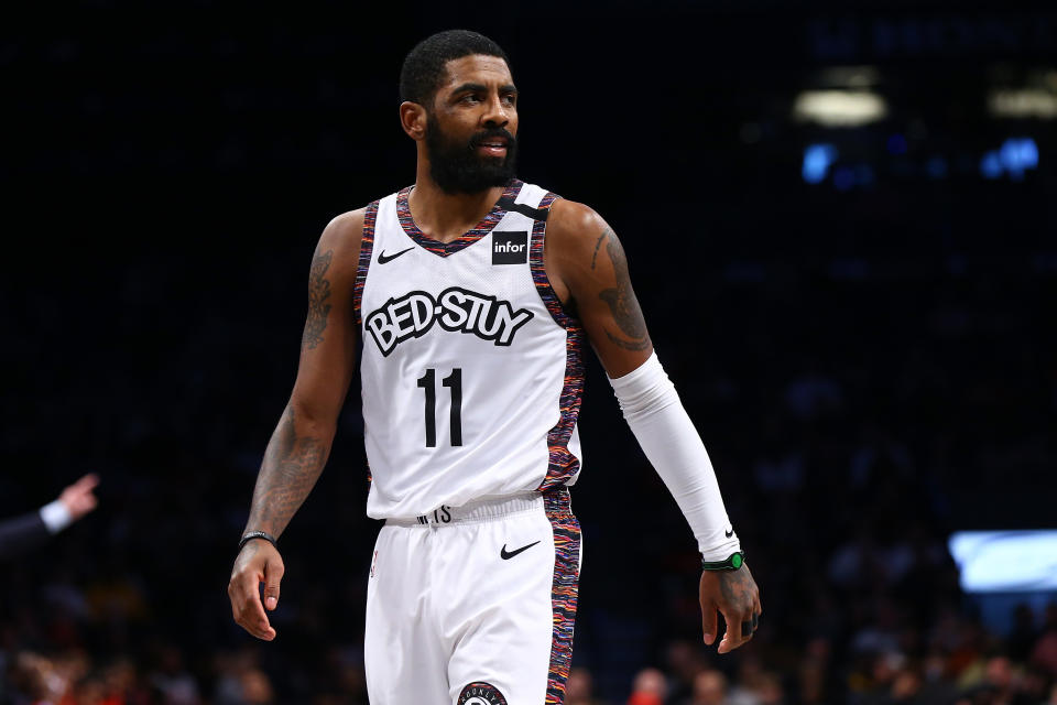 NEW YORK, NEW YORK - JANUARY 31:  Kyrie Irving #11 of the Brooklyn Nets in action against the Chicago Bulls at Barclays Center on January 31, 2020 in New York City. NOTE TO USER: User expressly acknowledges and agrees that, by downloading and or using this photograph, User is consenting to the terms and conditions of the Getty Images License Agreement. Brooklyn Nets defeated the Chicago Bulls 133-118. (Photo by Mike Stobe/Getty Images)