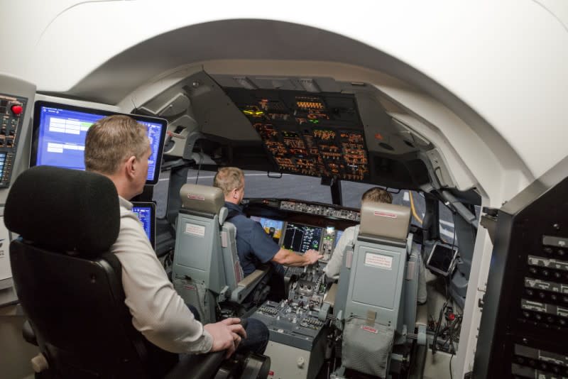 An inside view of the Icelandair Boeing 737 MAX training simulator in the TRU Flight Training Iceland in Reykjavik