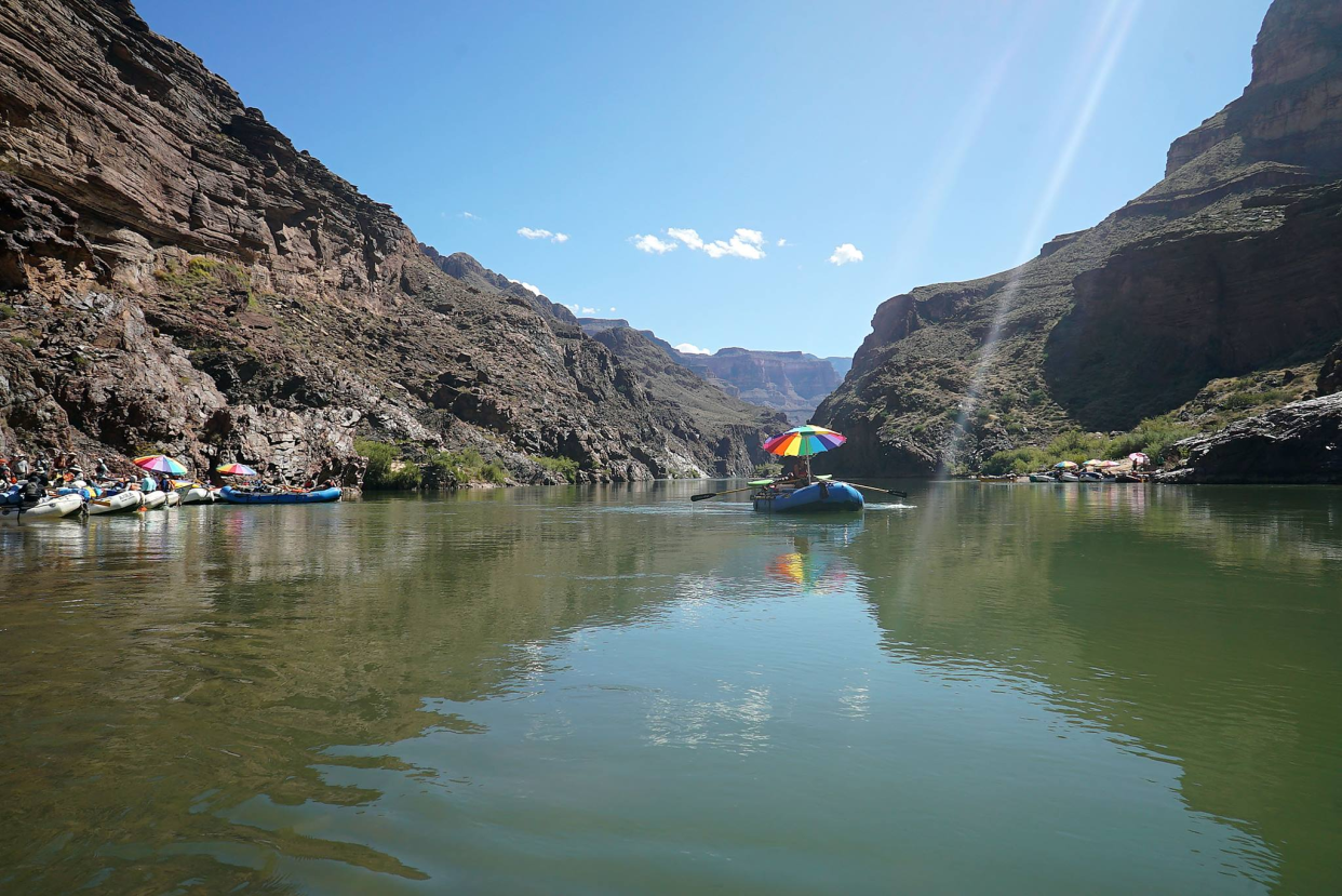 Rafters pause in a stretch of calm water on the Colorado River in the Grand Canyon between the Granite Narrows and Deer Creek Falls rapids in this October 2017 file photo.