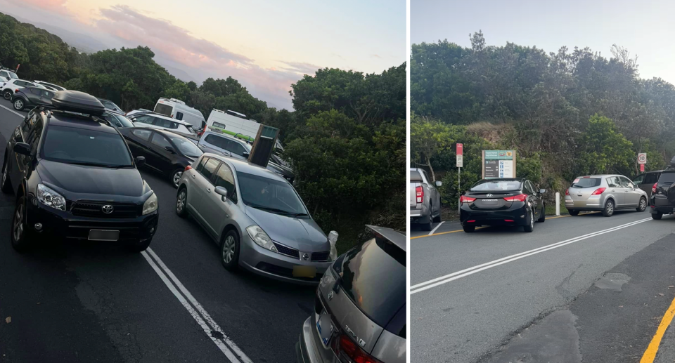 Left, cars parked over the road as a carpark near Cape Byron. Right, cars block access on the way towards Cape Byron Lighthouse. 