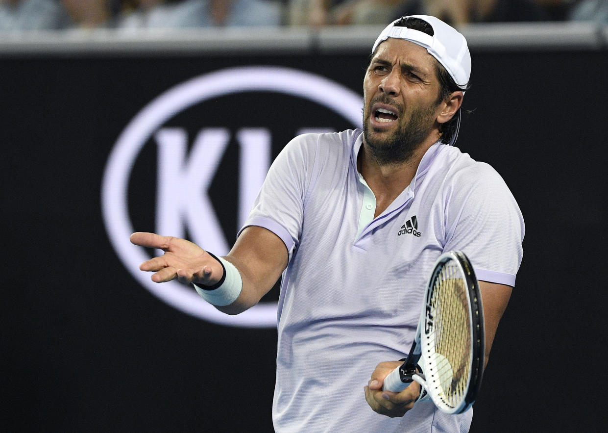 Spain's Fernando Verdasco reacts after losing a point to Germany's Alexander Zverev during their third round singles match at the Australian Open tennis championship in Melbourne, Australia, Saturday, Jan. 25, 2020. (AP Photo/Andy Brownbill)