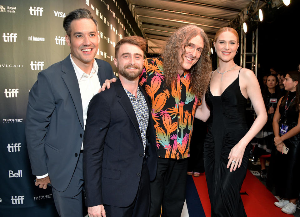 TORONTO, ONTARIO - SEPTEMBER 08: (L-R) Eric Appel, Daniel Radcliffe,'Weird Al' Yankovic, and Evan Rachel Wood attend the 