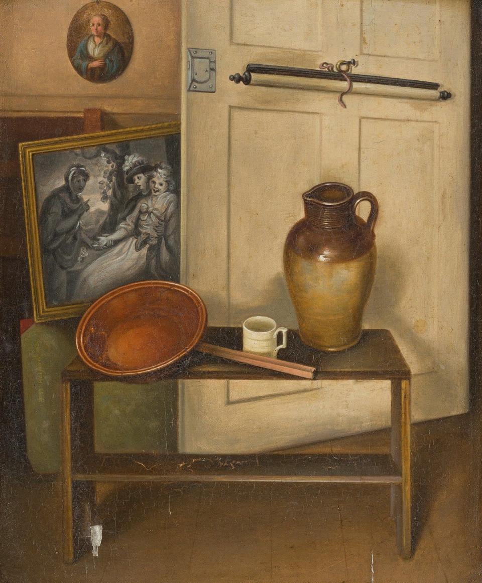Still life of a stoneware jug, a tankard and a copper pan on a table in an interior, J. W. Halford, early-mid 19th century, oil on panel (Roseberys Auctioneer)