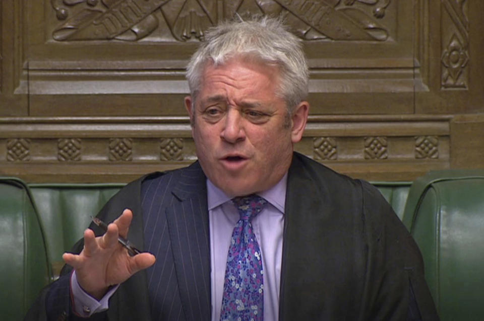 FILE - In this file image taken from video dated Wednesday April 3, 2019, speaker John Bercow gestures during Prime Minister's Questions in the House of Commons, London. The speaker of Britain’s House of Commons has become a global celebrity for his loud ties, even louder voice and star turn at the center of Britain’s Brexit drama. On Thursday Oct. 31, 2019, he is stepping down after 10 years in the job. (House of Commons/PA via AP, File)