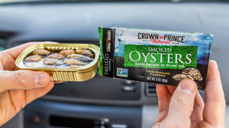 Crown Prince Smoked Oysters in Olive Oil box open can