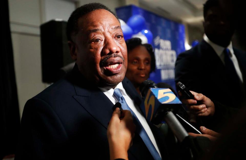 Mayoral candidate Floyd Bonner can be seen giving a an interview to the media after giving a concession speech to his supporters during his watch party at the Memphis Botanic Garden in Memphis Tenn., on Thursday, October, 05, 2023.