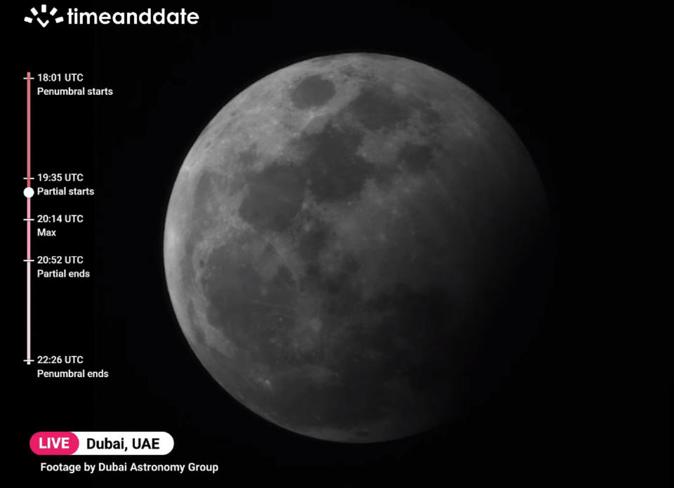 A view of the peak of the partial lunar eclipse of Oct. 28, 2023 from Dubai, UAE.