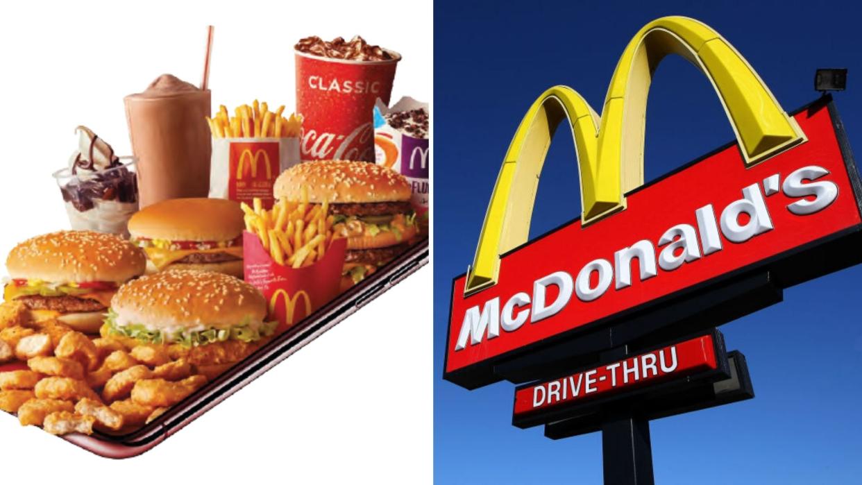 A tray of McDonald's good on the left, a McDonald's sign in the sky on the right.