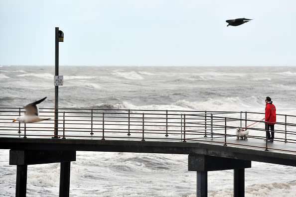 A woman and her dogs brave the conditions on Brighton Jetty.