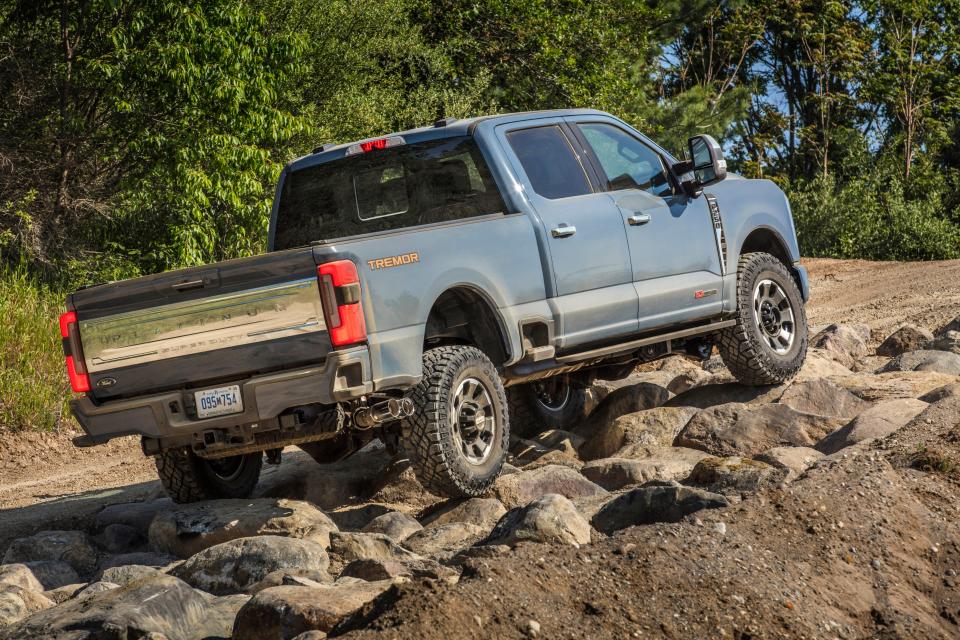 Ford 2023 F-250 Tremor Super Duty pickup on an off-road development course.