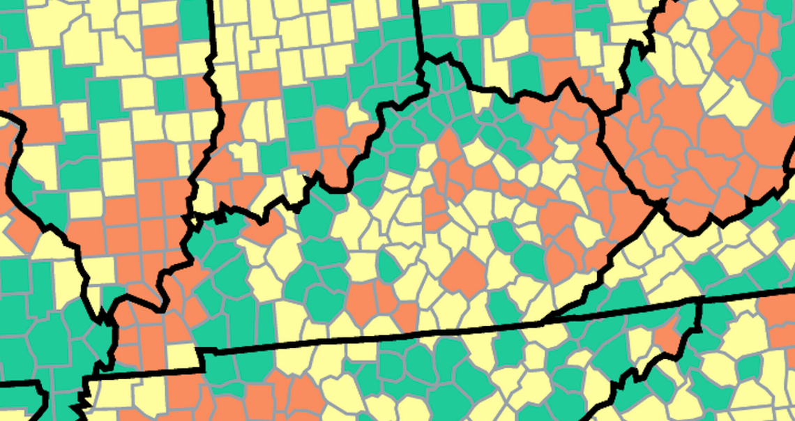 This map of Kentucky from the U.S. Centers for Disease Control and Prevention shows COVID-19 community levels by county as of July 8, 2022. Green are low, yellow are medium and orange are high.