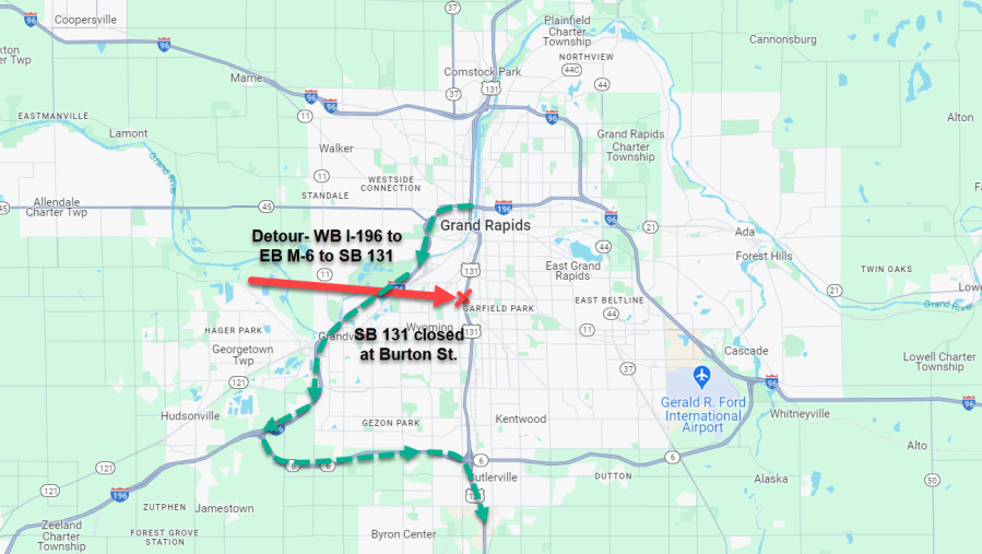 A map of construction on southbound US-131 and a detour. (Courtesy of the Michigan Department of Transportation)