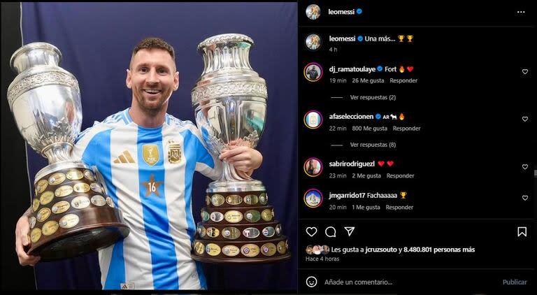 La publicación de Leo Messi con las dos Copas América de su carrera. Foto/Instagram: @leomessi