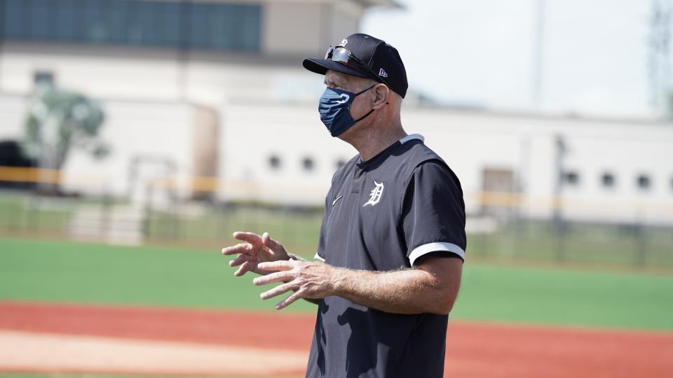 Legendary Detroit Tigers infielder Alan Trammell talks on a field during spring training Feb. 18, 2021, in Lakeland, Florida.