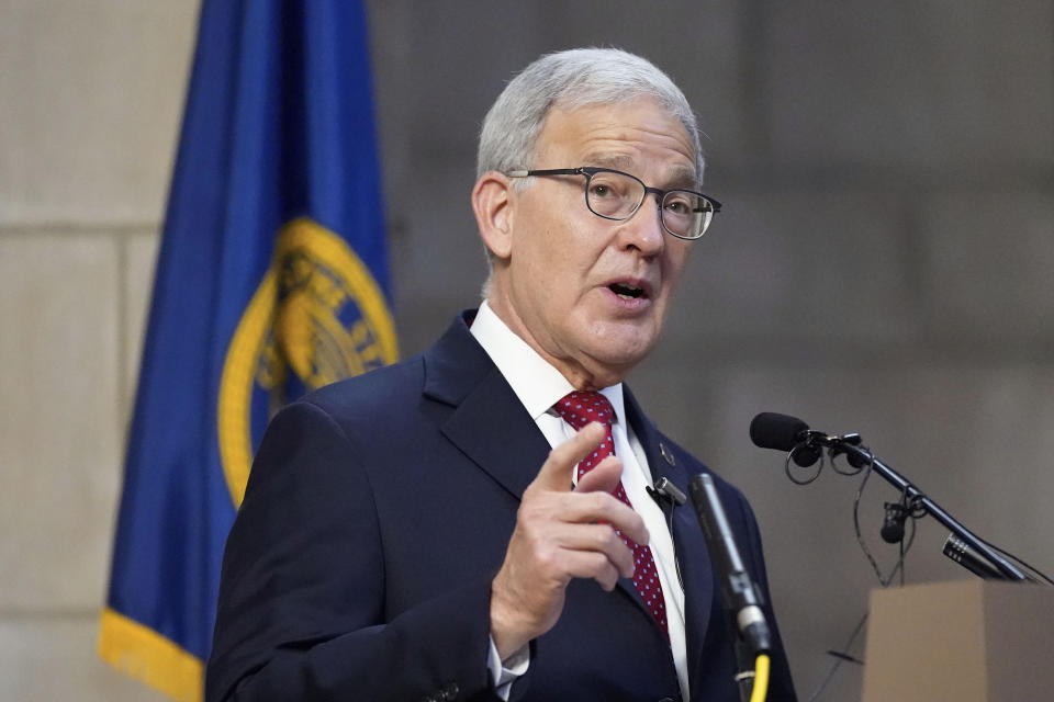 FILE - Nebraska Secretary of State Bob Evnen holds a news conference, Nov. 4, 2020, in Lincoln, Neb. Nebraska’s top election official has ruled that voters will get to decide this year whether to repeal a law that gives taxpayer money for private school scholarships. But both Evnen and state Sen. Lou Ann Linehan, who authored the school choice law and sought to have the repeal effort kept off the ballot, acknowledge that the courts will likely ultimately decide if the repeal question makes it onto November’s ballot. (AP Photo/Nati Harnik, File)